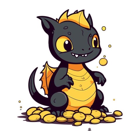 Cute cartoon dragon sitting on a pile of gold coins. Vector illu