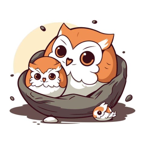 Owls in the bowl. Cute cartoon vector illustration.