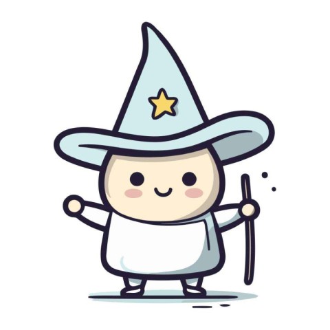 Cute cartoon witch with magic wand. Vector illustration in flat