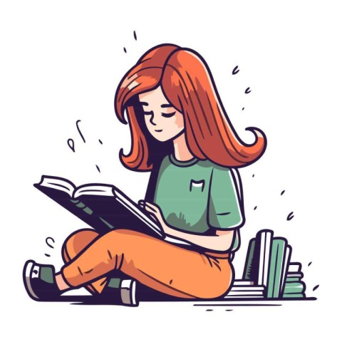 Girl sitting on the floor and reading a book. Vector illustratio