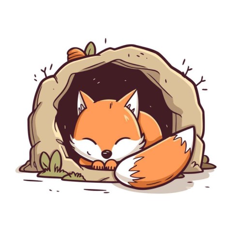 Cute fox sleeping in a cave. Vector illustration of a cartoon fo