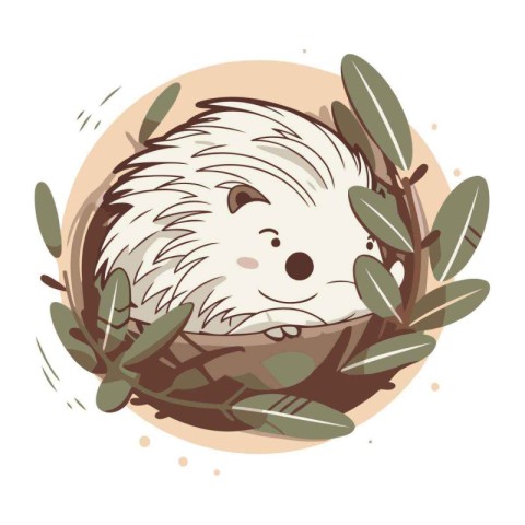 Cute hedgehog in a nest of leaves. Vector illustration.