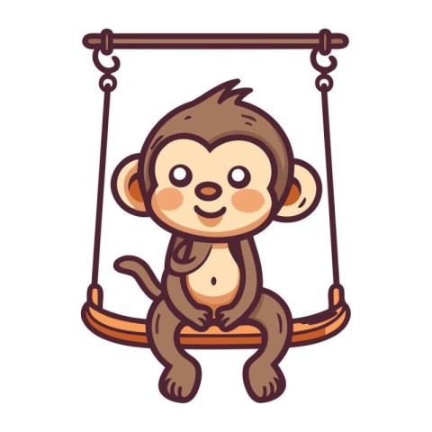 Cute monkey swinging on a swing isolated on white background. Ve