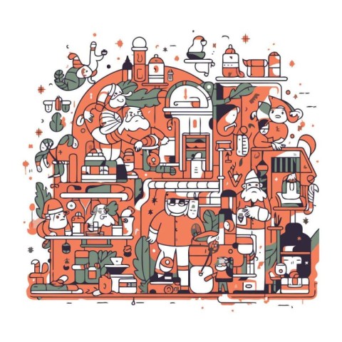 Vector line art illustration of a house with people in doodle st