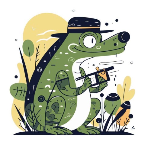 Vector illustration of a crocodile in a hat playing the saxophon