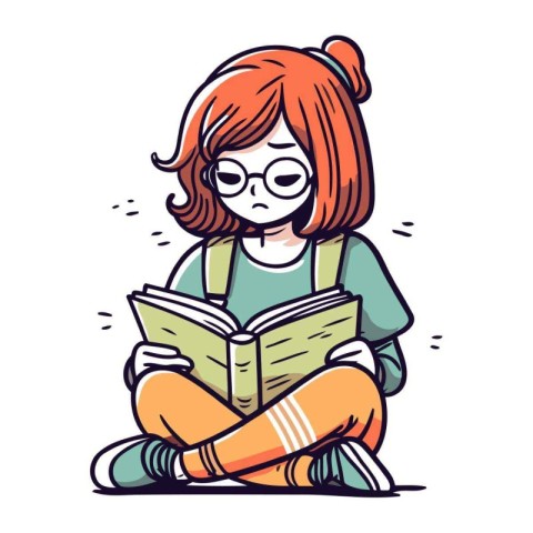 Cute little girl with glasses reading a book. Vector illustratio