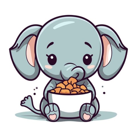 Cute elephant with a bowl of cereals. Vector illustration.