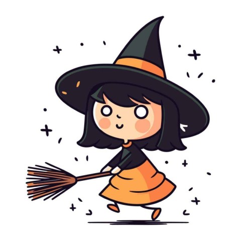 Cute little girl dressed as a witch with a broom. Vector illustr