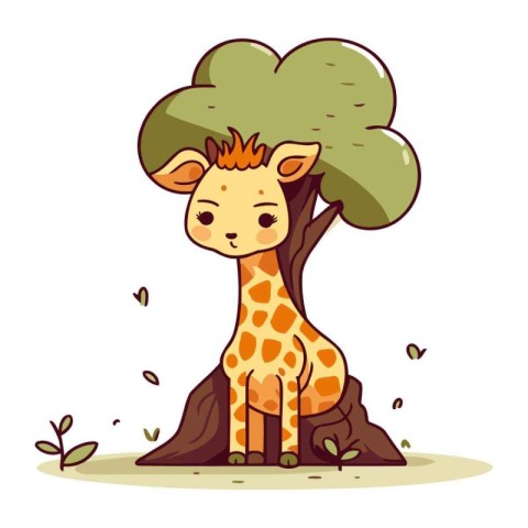 Cute cartoon giraffe sitting under a tree. Vector illustration.