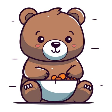 Cute cartoon bear with bowl of food. Vector illustration for you