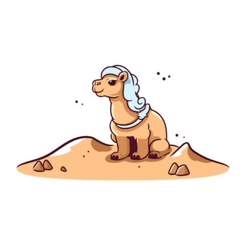 Cute camel sitting on the sand. Vector illustration in cartoon s