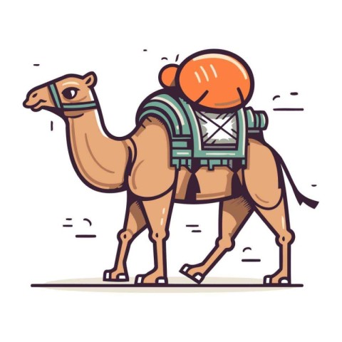 Camel with helmet and backpack. Vector illustration in flat styl