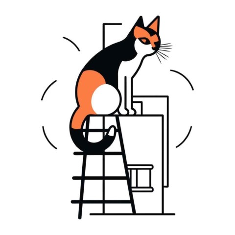 Cat standing on the stepladder. Vector illustration in flat styl