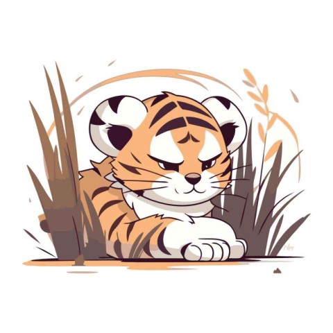 Cute tiger sitting on the grass. Vector illustration of wild ani