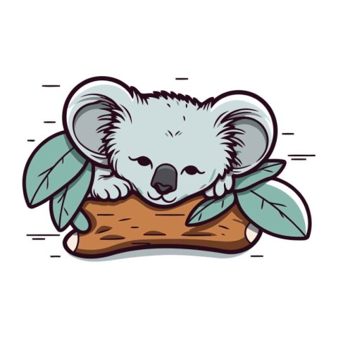 Cute koala with leaves on the log. Vector illustration.