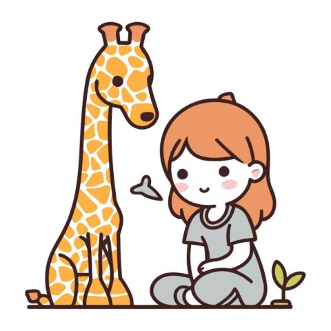 Cute little girl and giraffe. Vector illustration in cartoon sty