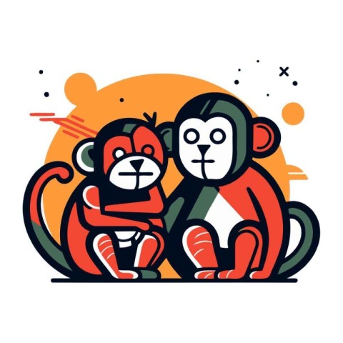 Monkey family. Vector illustration in flat line style on white b