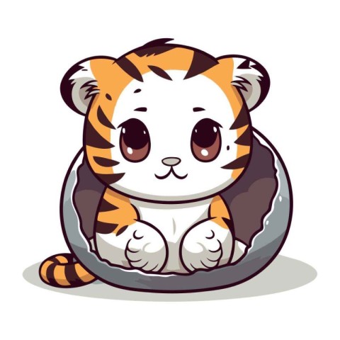 Cute little tiger sitting in a gray pot. Vector illustration.