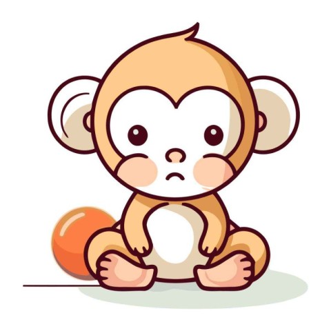 Monkey sitting with ball. Cute cartoon character. Vector illustr