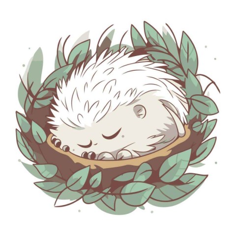 Cute hedgehog sleeping in a nest of leaves. Vector illustration.