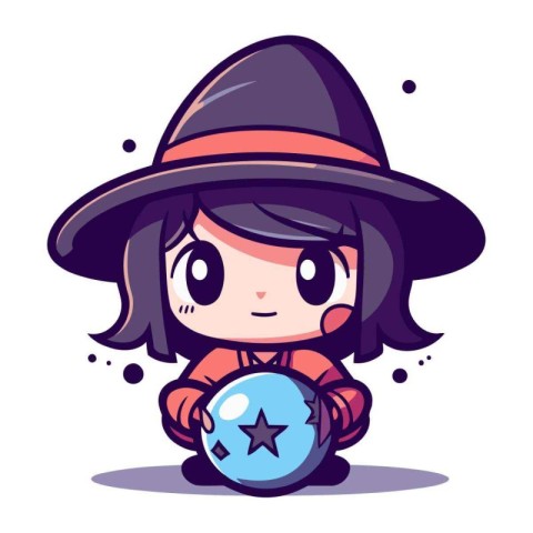 Cute little witch with magic ball. Vector illustration in cartoo