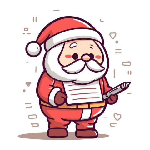 Santa Claus holding a pen and reading a letter. Vector illustrat