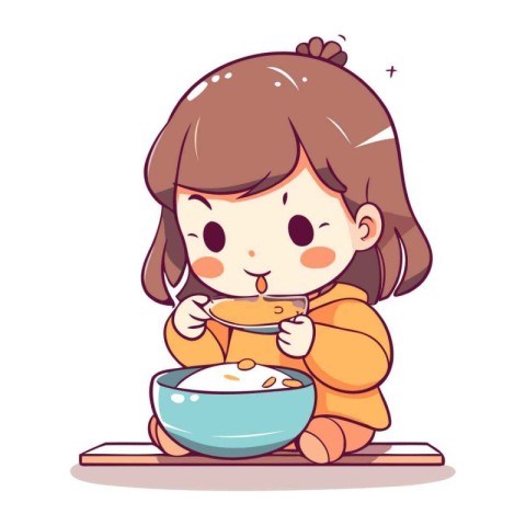 Cute little girl eating a bowl of cereal. Vector illustration.