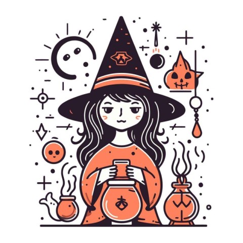 Halloween vector illustration. Cute girl in witch hat with potio