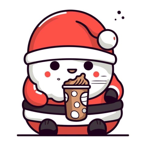 Cute kawaii Santa Claus with a cup of coffee. Vector illustratio