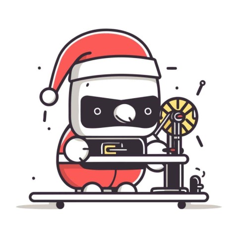 Cute robot in Santa Claus hat on skis. Vector illustration.