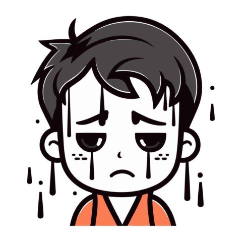 Sad boy with tears on his face. Vector illustration of a sad boy