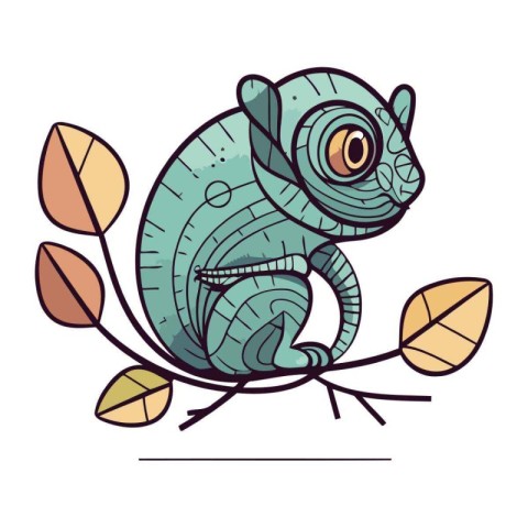 Cute cartoon chameleon on branch with leaves. Vector illustratio