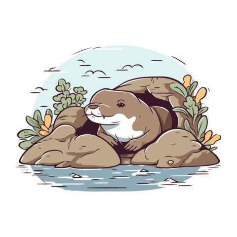 Cute otter sitting on a rock in the river. Vector illustration.