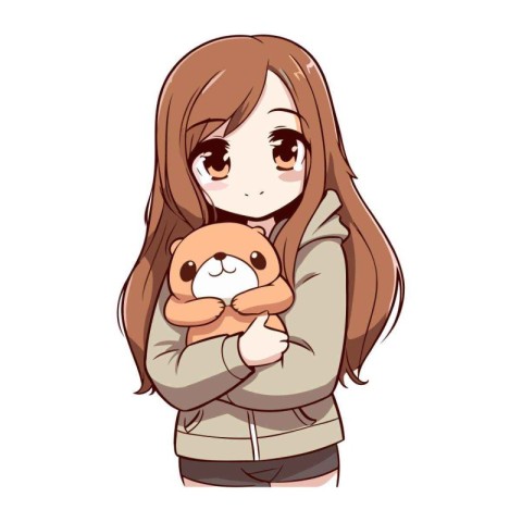 Cute girl in warm winter clothes holding a small teddy bear