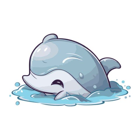 Illustration of a cute cartoon dolphin swimming in the water. Ve