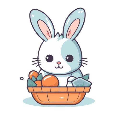 Cute easter bunny with basket of eggs. Vector illustration.