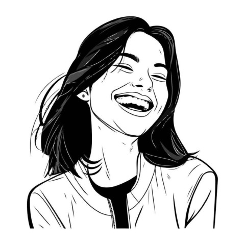 Vector illustration of a young woman laughing. Black and white i