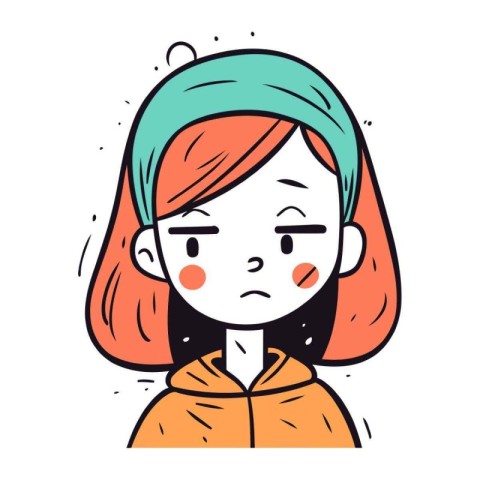 Sad girl in hoodie. Vector illustration in doodle style.