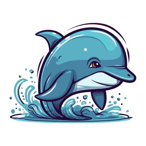 Cute cartoon dolphin swimming in the sea. Vector illustration is