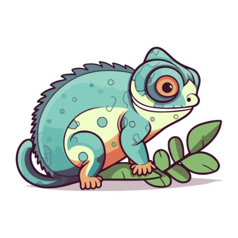 Cute cartoon chameleon sitting on green leaves. Vector illustrat