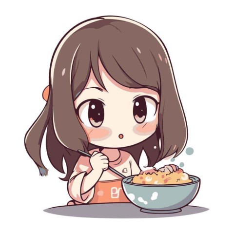 Illustration of a Cute Girl Eating a Bowl of Cereals