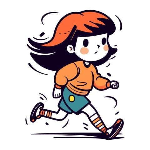 Cute little girl running and jogging. Vector illustration in car