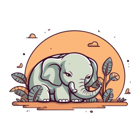 Vector illustration of an elephant in the jungle. Cute cartoon a