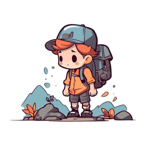 Boy hiker with backpack. Vector illustration in a cartoon style.