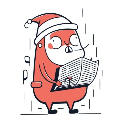 Funny cartoon penguin in santa claus hat reading newspaper. Vect