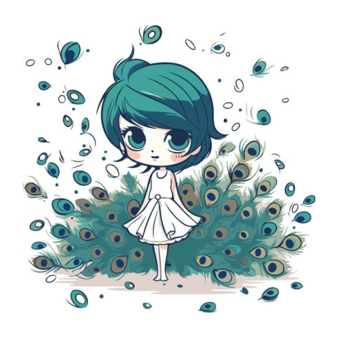 Cute cartoon girl with peacock tail. Vector illustration on whit