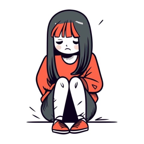 Sad little girl sitting on the floor. Vector illustration in car