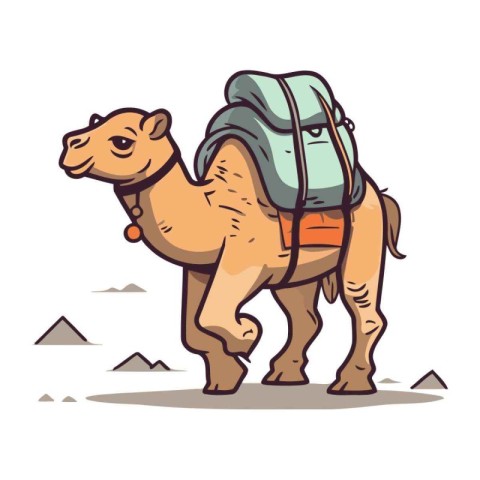 Camel in the desert. Vector illustration of a camel with a backp