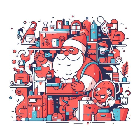 Santa Claus with tools and equipment. Vector illustration in lin