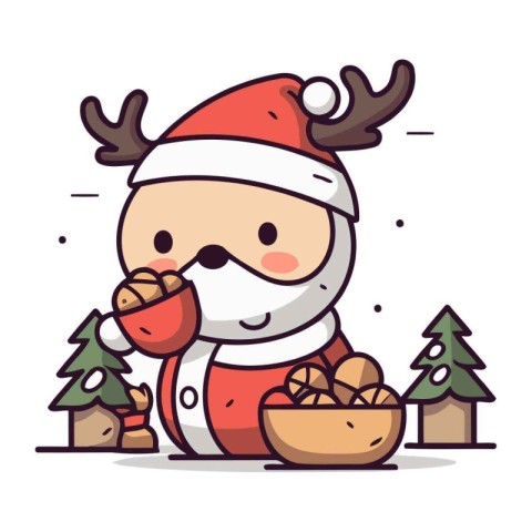 Cute Cartoon Santa Claus with bag of gifts. Vector illustration.